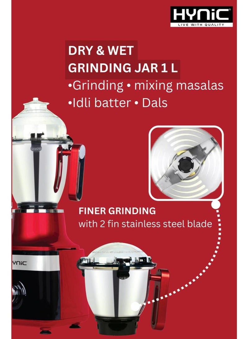 Hynic Chef Pro 1200W Heavy Duty Mixer Grinder | 3 Stainless Steel Jars (1.5L, 1L, 0.4L) with Hands-Free Lid Locks | 100% Copper Motor | 6-Fin Superior Blending Blade & Overload Protection - Image 4